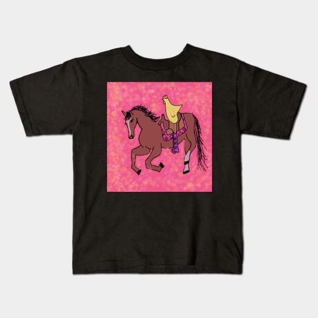 Chicken riding a horse flower Kids T-Shirt by lexxiiimarie